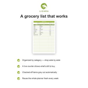 May include: A grocery list with the text "LIZARA" and "A grocery list that works". The list is organized by category, has a live counter, greys out checked items, and can be reused weekly. The list is displayed on a white background.