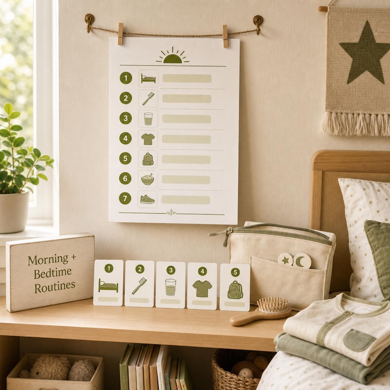 May include: A white chart with a green sun graphic and numbered boxes for morning and bedtime routines. The chart is hanging above a wooden shelf with matching cards, a toiletry bag, and folded clothing. The text "Morning + Bedtime Routines" is on a wooden block.