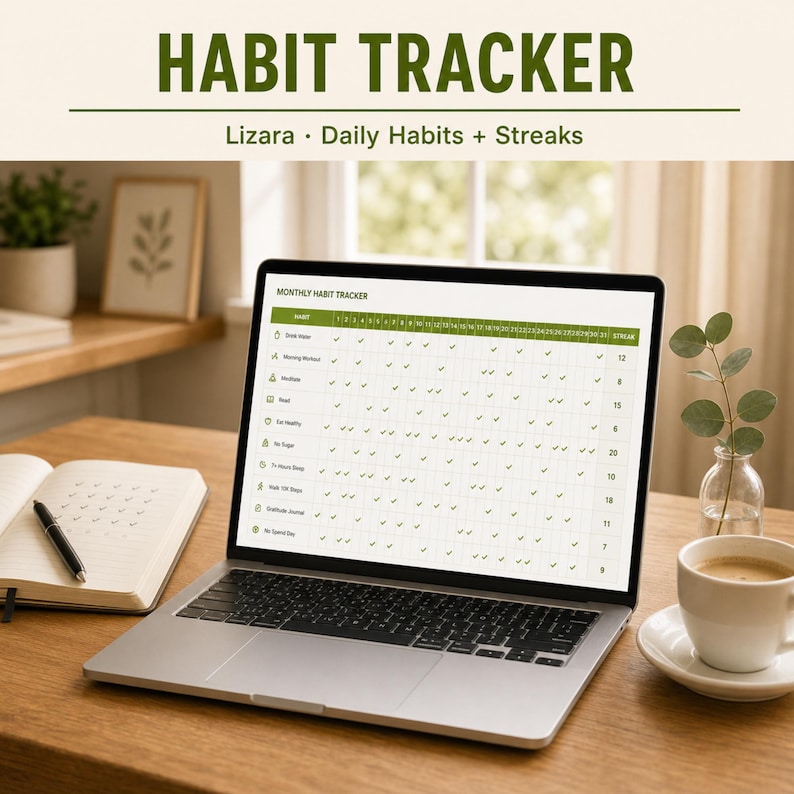 Op de afbeelding: Een laptop met een habit tracker met de tekst "HABIT TRACKER" en "Lizara &bull; Daily Habits + Streaks". Het scherm toont een maandelijkse habit tracker met vinkjes. Een kop koffie en een notitieboek liggen op het houten bureau.