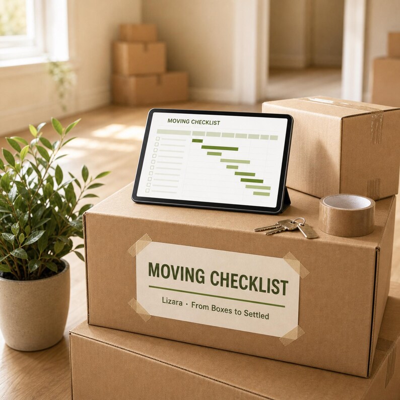 May include: A tablet displaying a moving checklist sits on a brown cardboard box labeled Moving Checklist Lizara From Boxes to Settled. Next to the tablet are metal keys and a roll of packing tape. A green potted plant is positioned nearby.