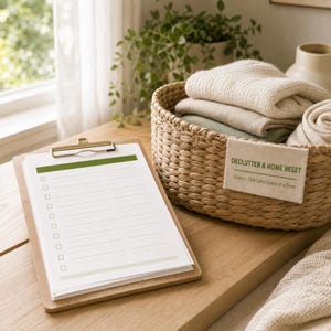 May include: A wooden clipboard with a white checklist featuring a green header and checkboxes, placed next to a woven basket containing folded beige and green textiles with a fabric label reading DECLUTTER & HOME RESET Lizara + One Calm Space at a Time.