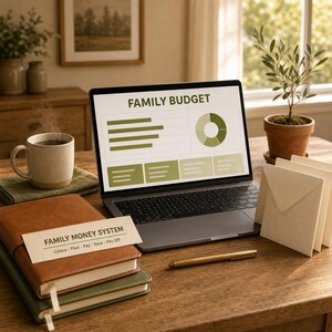 Puede incluir: Un port&aacute;til muestra un gr&aacute;fico de "PRESUPUESTO FAMILIAR", junto a una taza de caf&eacute;, cuadernos y un bol&iacute;grafo. Una tarjeta dice "FAMILY MONEY SYSTEM: Lizara - Plan - Pay - Save - Pay Off". Tambi&eacute;n hay una peque&ntilde;a planta en maceta y sobres.