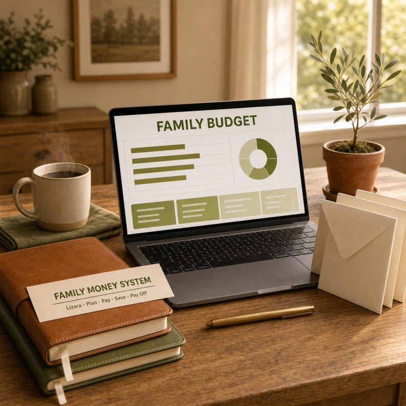 Puede incluir: Un port&aacute;til muestra un gr&aacute;fico de "PRESUPUESTO FAMILIAR", junto a una taza de caf&eacute;, cuadernos y un bol&iacute;grafo. Una tarjeta dice "FAMILY MONEY SYSTEM: Lizara - Plan - Pay - Save - Pay Off". Tambi&eacute;n hay una peque&ntilde;a planta en maceta y sobres.