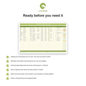 May include: A digital home inventory spreadsheet template by LIZARA titled Ready before you need it. The document features a green and white table for tracking items, values, serial numbers, and warranty status, compatible with Microsoft Excel and Google Sheets.