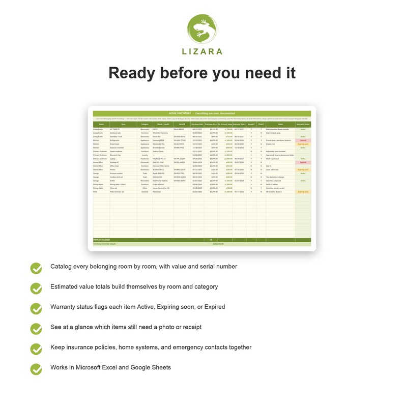 May include: A digital home inventory spreadsheet template by LIZARA titled Ready before you need it. The document features a green and white table for tracking items, values, serial numbers, and warranty status, compatible with Microsoft Excel and Google Sheets.