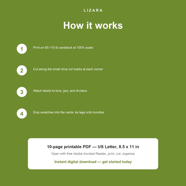 Puede incluir: Gr&aacute;fico verde con el texto "LIZARA" y "How it works". Las instrucciones incluyen imprimir en cartulina, cortar a lo largo de las marcas, adjuntar etiquetas y recortar muestras. La imagen tambi&eacute;n indica que es un PDF imprimible de 10 p&aacute;ginas, US Letter, 21,6 x 27,9 cm.