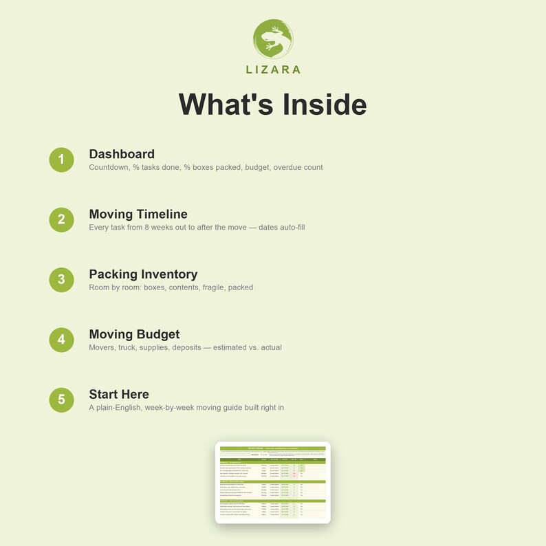 May include: A digital organizational tool titled What's Inside by LIZARA, featuring a green lizard logo. It lists five sections: Dashboard, Moving Timeline, Packing Inventory, Moving Budget, and Start Here, with a small preview of a spreadsheet below.