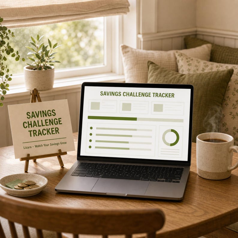 May include: A laptop displaying a Savings Challenge Tracker interface with green progress bars and a circular chart. Next to it, a small easel holds a card titled Savings Challenge Tracker by Lizara, alongside a bowl of coins and a coffee mug.