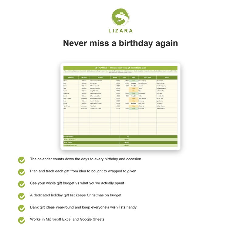 Gift and Birthday Tracker Spreadsheet | Gift Planner and Christmas List Organizer for Google Sheets & Excel | Instant Download image 4