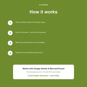 May include: Green graphic with the text "LIZARA" and "How it works." Steps include adding meals, selecting a month, auto-ranking candidates, and restocking. The graphic also states it works with Google Sheets & Microsoft Excel.