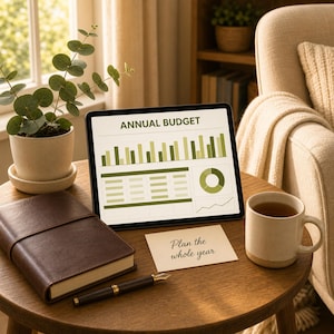 May include: A tablet showing an "ANNUAL BUDGET" chart is on a wooden table with a brown leather journal, a pen, and a mug of tea. A small card reads "Plan the whole year."
