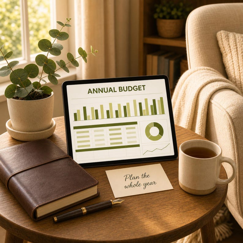 May include: A tablet showing an "ANNUAL BUDGET" chart is on a wooden table with a brown leather journal, a pen, and a mug of tea. A small card reads "Plan the whole year."