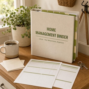 May include: A beige fabric-covered three-ring binder with the green text HOME MANAGEMENT BINDER and Lizara Your Whole Home, Organized printed on the front. The binder includes green tabbed dividers and is accompanied by two white paper forms.