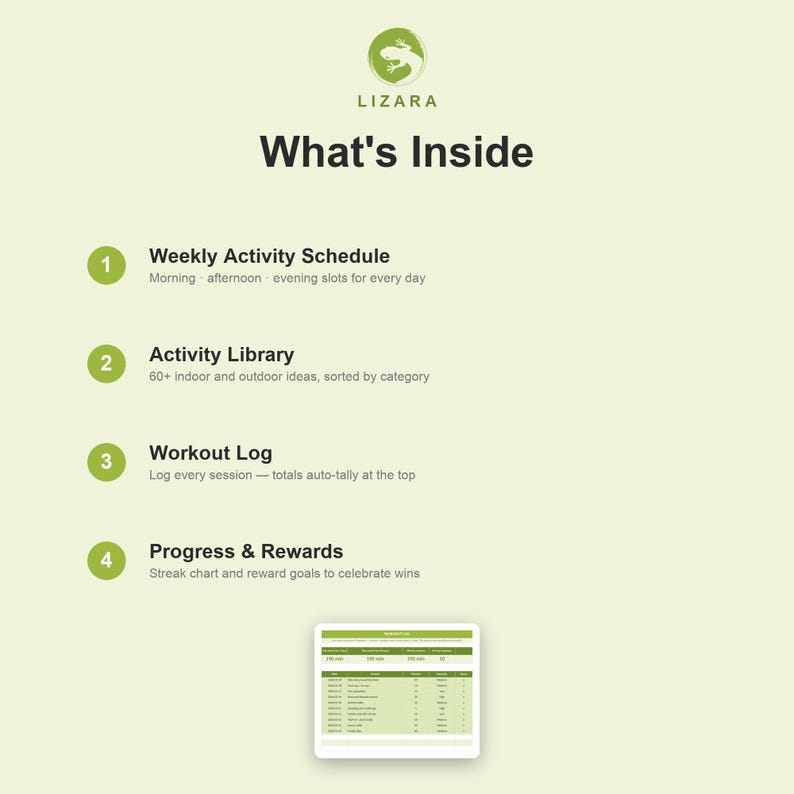 Op de afbeelding: Een lichtgroene afbeelding met de tekst "LIZARA What's Inside". De afbeelding bevat functies zoals een wekelijks activiteitenschema, een activiteitenbibliotheek, een trainingslogboek en voortgang en beloningen. Een tablet toont een trainingslogboek.