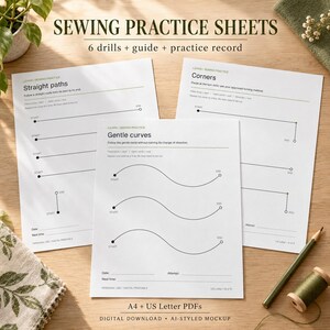 Puede incluir: Tres hojas blancas de práctica de costura con texto y líneas negras. Las hojas presentan ejercicios titulados Straight paths, Corners y Gentle curves. Cada hoja incluye puntos de inicio y fin, campos de fecha e instrucciones de costura.