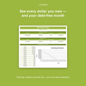 May include: A debt payoff tracker on a green background. The tracker displays total debt, minimum payments, interest rate, and total interest. The text reads "See every dollar you owe and your debt-free month."