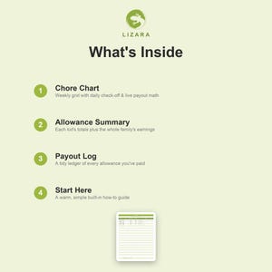 May include: A green and white graphic with the text "LIZARA" and "What's Inside." The image details a chore chart, allowance summary, payout log, and a start-here guide. A small chart is shown at the bottom.