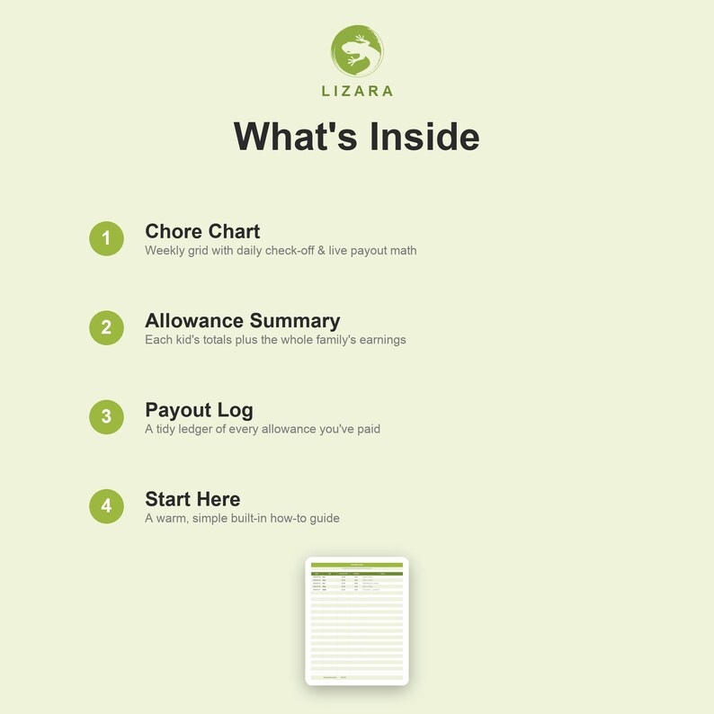 May include: A green and white graphic with the text "LIZARA" and "What's Inside." The image details a chore chart, allowance summary, payout log, and a start-here guide. A small chart is shown at the bottom.