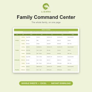 May include: A digital family command center template with a weekly planner layout. The design features a green and white color scheme, with sections for each day of the week and family member. The text includes "Family Command Center" and "Weekly Planner."