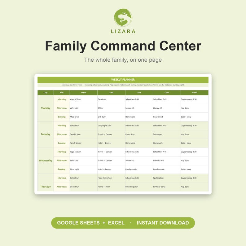May include: A digital family command center template with a weekly planner layout. The design features a green and white color scheme, with sections for each day of the week and family member. The text includes "Family Command Center" and "Weekly Planner."