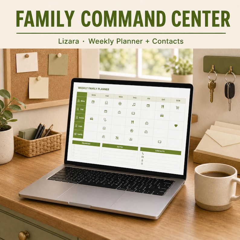 May include: A laptop displaying a weekly family planner with a green and white design. The screen shows a calendar layout with icons for various activities. The text "FAMILY COMMAND CENTER" is at the top, with "Lizara &bull; Weekly Planner + Contacts" below it. A coffee mug sits nearby.