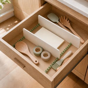 Puede incluir: Un cajón de cocina de madera que contiene dos divisores blancos ajustables con rieles dentados verdes. El cajón contiene una cuchara de madera, una espátula de silicona verde claro, un servidor de pasta de madera, un pincel de repostería de silicona verde claro y dos rollos de cinta.