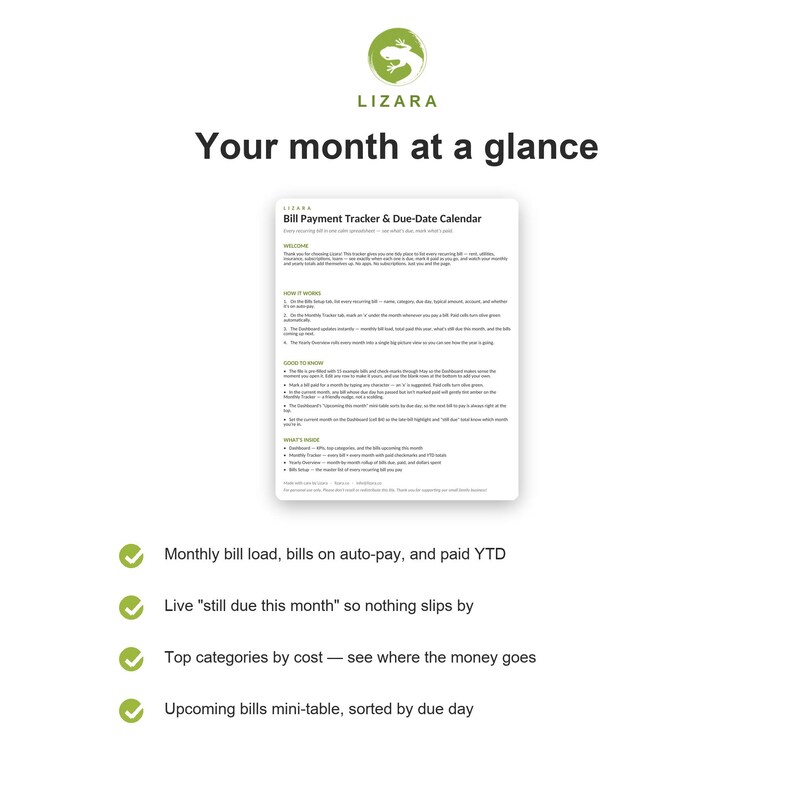 Puede incluir: Un documento digital blanco titulado "Bill Payment Tracker & Due-Date Calendar" con el texto "Your month at a glance" y el logotipo de Lizara. El documento incluye un mensaje de bienvenida, instrucciones y caracter&iacute;sticas clave.