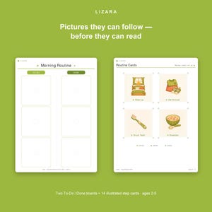 May include: A green background displays two white boards. The left board is a Morning Routine chart with To-Do and Done columns. The right board shows four routine cards with illustrations for Wake Up, Get Dressed, Brush Teeth, and Breakfast.