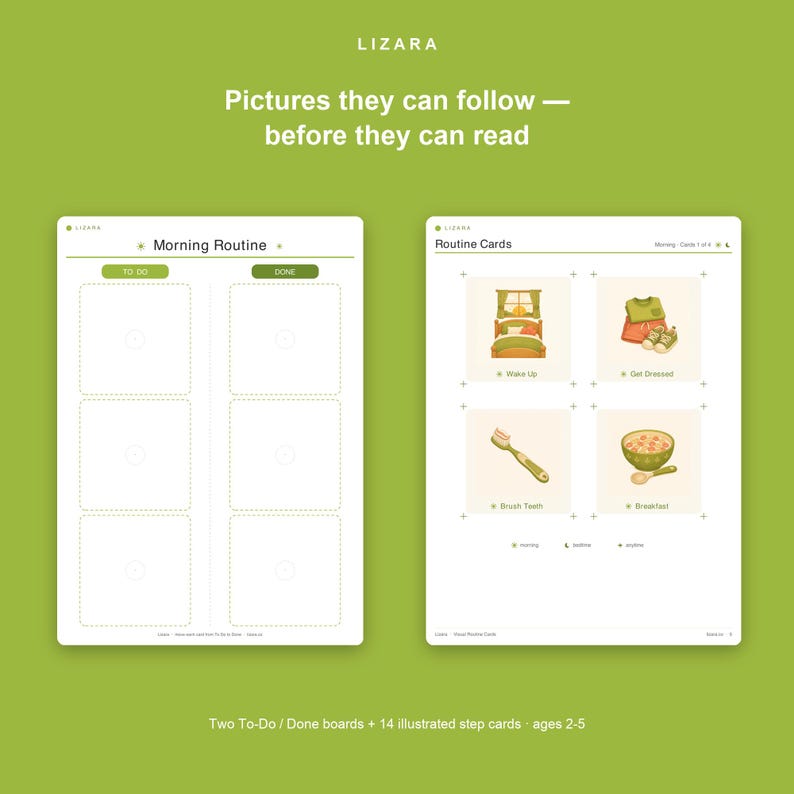 May include: A green background displays two white boards. The left board is a Morning Routine chart with To-Do and Done columns. The right board shows four routine cards with illustrations for Wake Up, Get Dressed, Brush Teeth, and Breakfast.