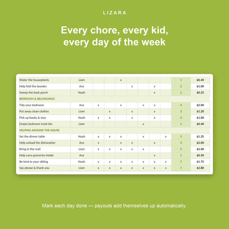 May include: A green chart with the text "Every chore, every kid, every day of the week." The chart lists chores like "Water the houseplants" and "Tidy your bedroom," with names and checkmarks. The chart also includes the text "Mark each day done &mdash; payouts add themselves up automatically."