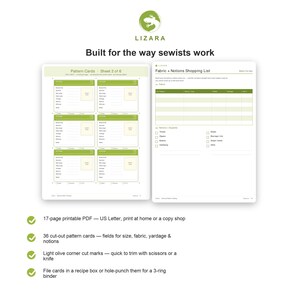 Puede incluir: Un documento PDF imprimible titulado Lizara Built for the way sewists work, que presenta tarjetas de patr&oacute;n Sheet 2 of 6 con seis tarjetas individuales y una lista de compras de telas y mercer&iacute;a. El dise&ntilde;o incluye acentos verdes y campos de texto.