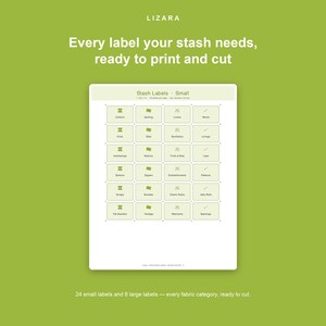 Puede incluir: Impresi&oacute;n digital de etiquetas de almacenamiento de tela sobre un fondo blanco, con un borde verde. Las etiquetas est&aacute;n organizadas en una cuadr&iacute;cula, con textos como "Cotton", "Quilting" y "Linens". El texto "Every label your stash needs, ready to print and cut" est&aacute; en la parte superior.