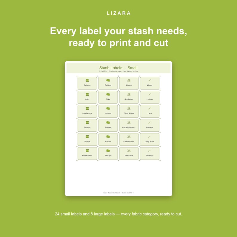 Puede incluir: Impresi&oacute;n digital de etiquetas de almacenamiento de tela sobre un fondo blanco, con un borde verde. Las etiquetas est&aacute;n organizadas en una cuadr&iacute;cula, con textos como "Cotton", "Quilting" y "Linens". El texto "Every label your stash needs, ready to print and cut" est&aacute; en la parte superior.