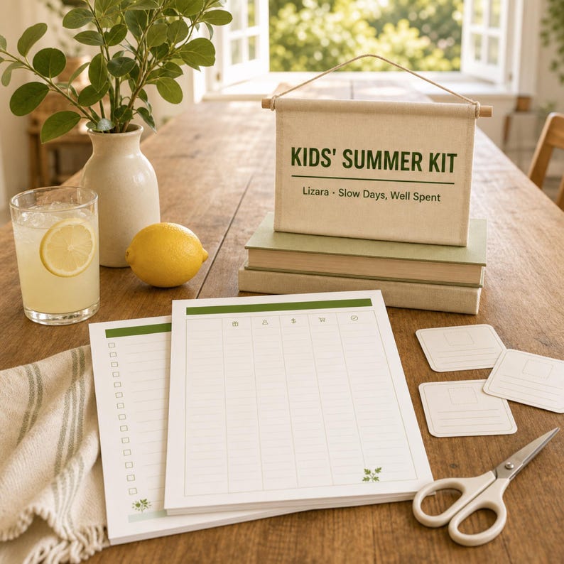 May include: A Kids' Summer Kit canvas wall hanging with green text, two stacked books, two white paper planners with green headers and grid lines, three small square note cards, and a pair of silver scissors with white handles.