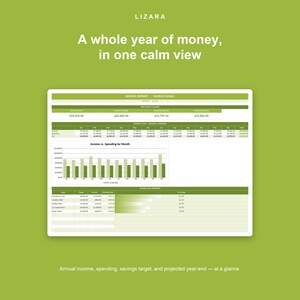 May include: A digital financial planning document with the text "LIZARA" at the top. The document displays annual budget, savings goals, and income vs. spending by month. The text "A whole year of money, in one calm view" is also visible.