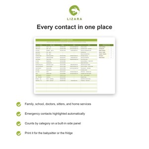 May include: A digital contact list with the text "Every contact in one place" and the logo "LIZARA". The list includes family, school, doctors, sitters, and home services. Emergency contacts are highlighted automatically. The list can be printed.