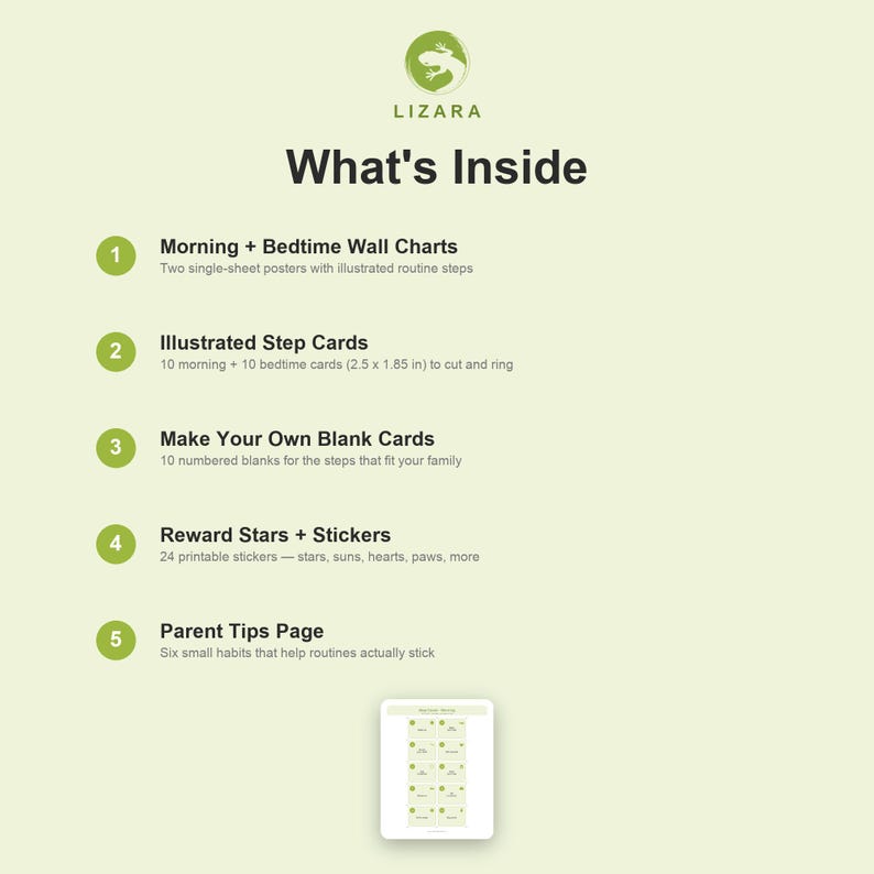 May include: A light green graphic with the text "LIZARA" and "What's Inside." The image lists items such as wall charts, step cards, blank cards, reward stickers, and a parent tips page. The image includes a small tablet with a routine chart.