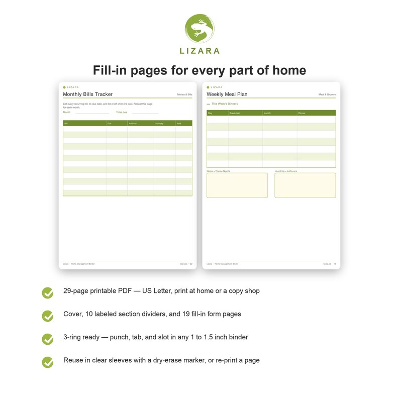 May include: Two printable planner pages with green and white headers. The left page is a Monthly Bills Tracker, and the right page is a Weekly Meal Plan. Both feature the Lizara logo and text: Fill-in pages for every part of home.