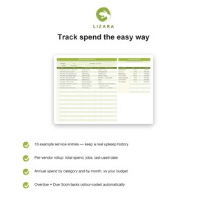 May include: A digital spreadsheet with the text "Track spend the easy way" and the Lizara logo. The spreadsheet displays financial data, with key features highlighted below, including service entries, vendor rollups, and budget tracking.