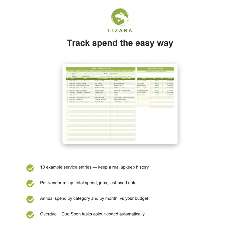 May include: A digital spreadsheet with the text "Track spend the easy way" and the Lizara logo. The spreadsheet displays financial data, with key features highlighted below, including service entries, vendor rollups, and budget tracking.