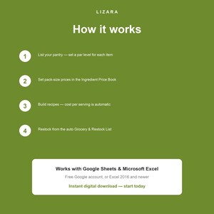 May include: A green graphic with the text "LIZARA" at the top. The text "How it works" is in large white letters. Steps 1-4 are listed with instructions. The graphic also states it works with Google Sheets & Microsoft Excel and is an instant digital download.