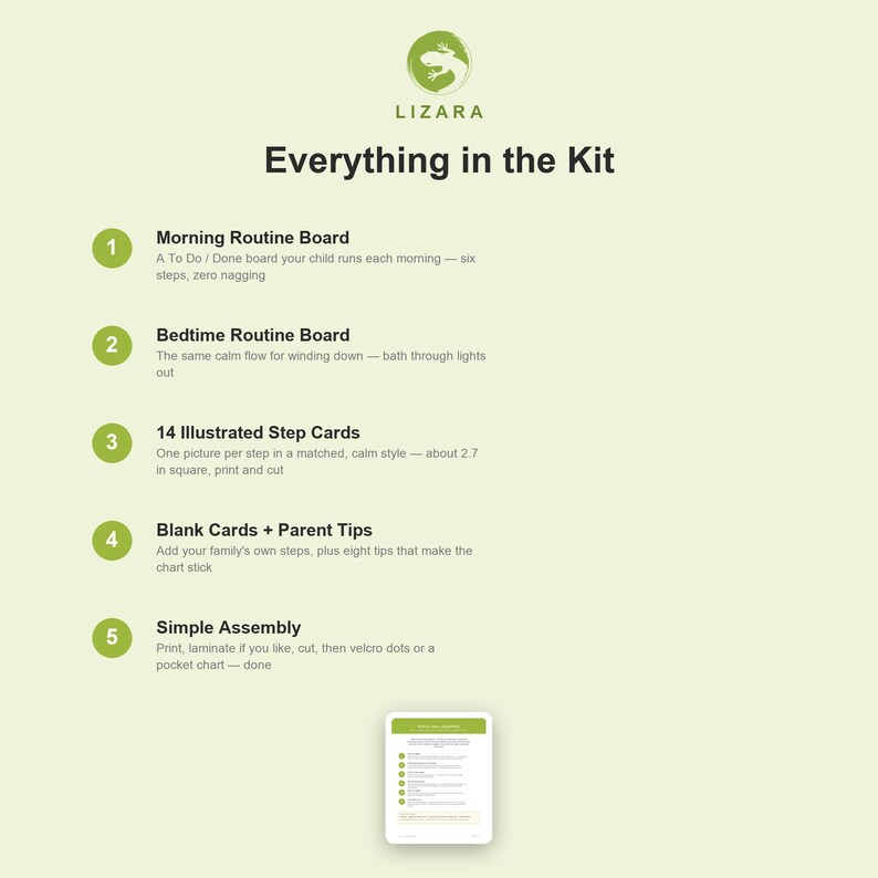 May include: A light green informational graphic titled Everything in the Kit by Lizara. It lists five components: Morning Routine Board, Bedtime Routine Board, 14 Illustrated Step Cards, Blank Cards plus Parent Tips, and Simple Assembly instructions.