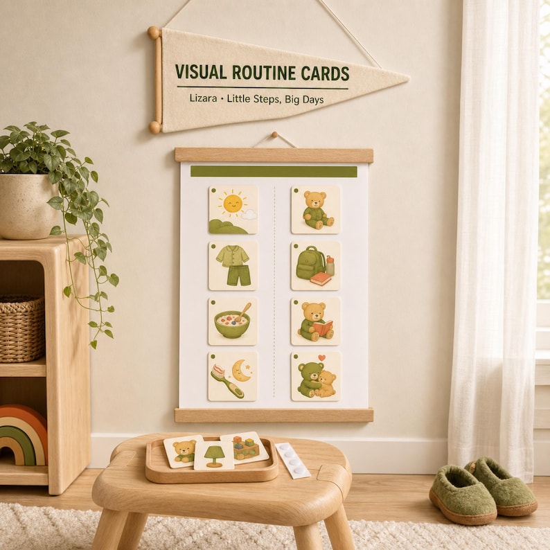 May include: A wall-mounted visual routine chart with a wooden frame, featuring eight square cards with illustrations of daily activities like eating, sleeping, and dressing. Above it hangs a cream-colored pennant labeled VISUAL ROUTINE CARDS.