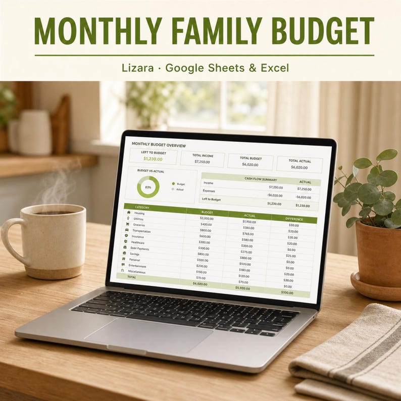 K&ouml;nnte beinhalten: Ein Laptop mit einer "MONATLICHE FAMILIENBUDGET"-Tabelle. Der Bildschirm zeigt Budgetkategorien und Finanzdaten. Eine Tasse Kaffee und eine Pflanze stehen auf dem Holztisch. Der Text "Lizara Google Sheets & Excel" ist sichtbar.