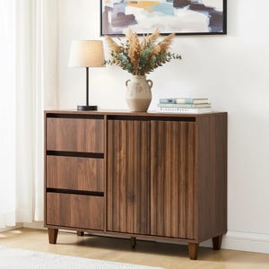 Cabinet with 3 Drawers, Fluted Sideboard Storage Cabinet for Coffee Bar, Mid-Century Farmhouse Kitchen Credenza Console Table