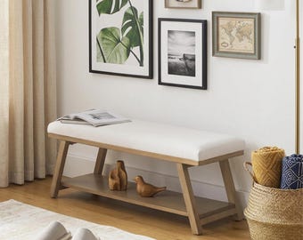 Upholstered Entryway Storage Bench with Slanted Wood Legs, 45" End of Bed Shoe Bench, Solid Birch Wood, Entryway Bench with Storage Shelf