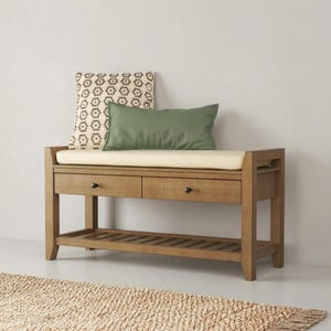 Solid Pine Entryway Storage Bench with Cushion, Wooden Mudroom Shoe Rack with Drawers, Rustic Foyer Seating Organizer
