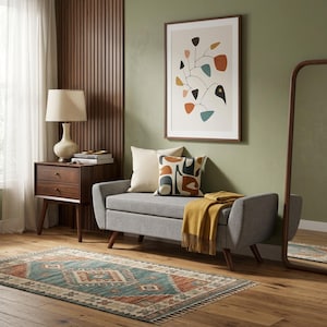 May include: A gray upholstered storage bench with wooden legs, featuring a mustard yellow throw blanket, a solid cream pillow, and a patterned accent pillow. Beside it sits a wooden nightstand with a lamp, a framed abstract wall art, and a rug.