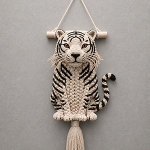 White Tiger Macrame Wall Hanging | Handmade Animal Wall Decor | Boho Fiber Art | Safari Nursery Decor | Cotton Rope Wall Art