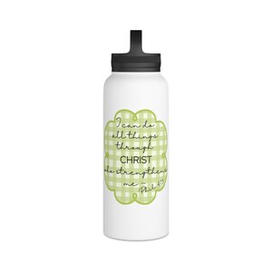 Green Gingham Scripture Quote Water Bottle | Stainless Steel